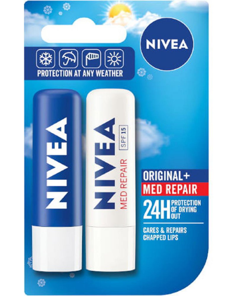 NIVEA LIP CARE DUO POMADKA OCHRONNA ORIGINAL CARE + MED REPAIR 4,8ML X