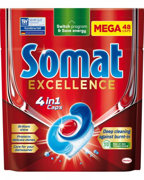 SOMAT EXCELLENCE 4 IN 1 CAPS KAPSUŁKI DO MYCIA NACZYŃ W ZMYWARKACH 830,4 G (48 X 17,3 G)